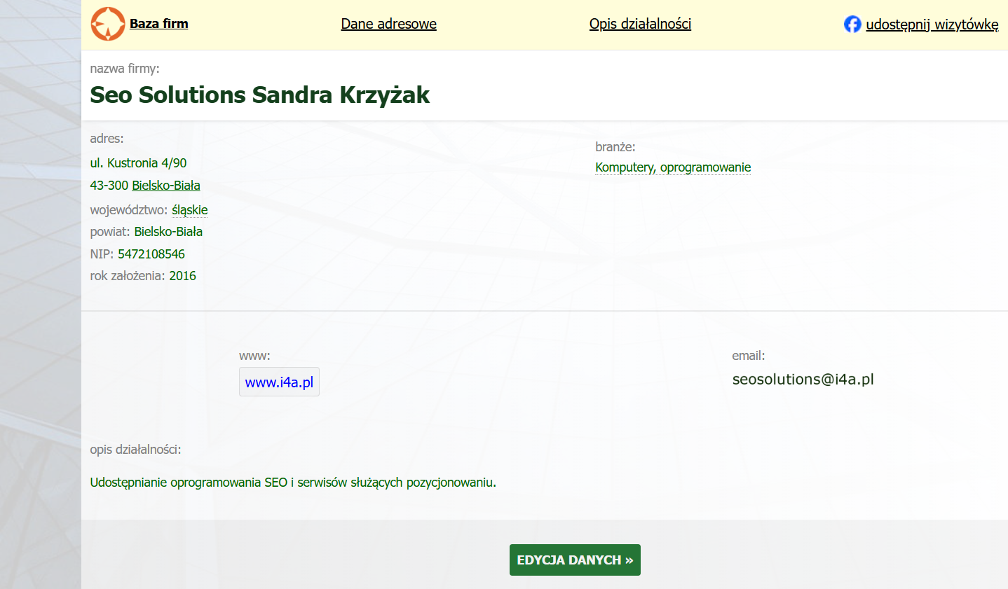 Zrzut wizytówki NAP z baza-firm.com.pl